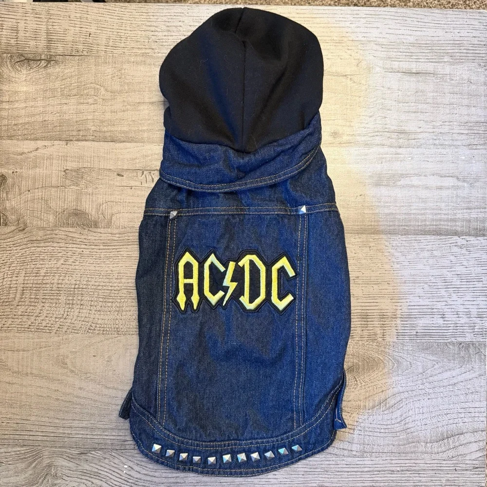Fatdog AC/DC dog Denim Jacket Black Hoodie studded blue Jean vest rocker SMALL